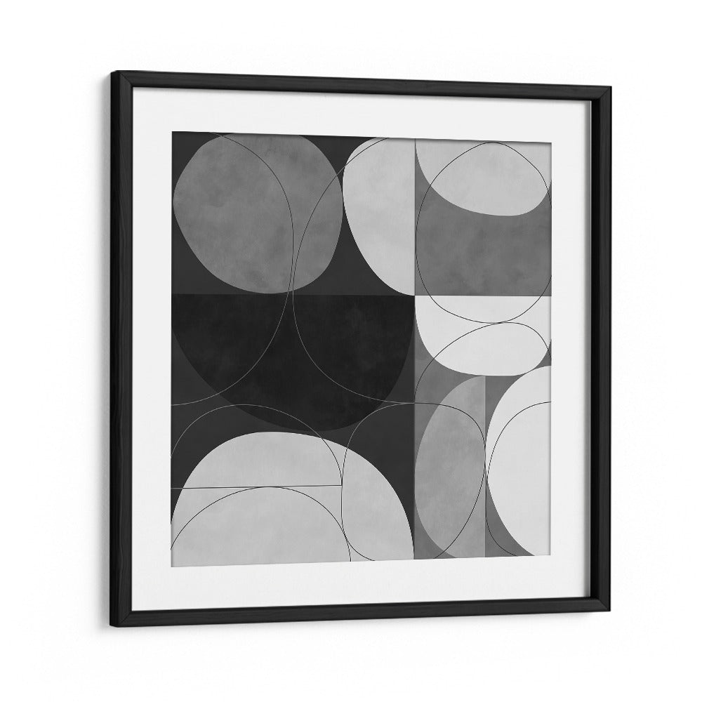 Shapes BW III, abstract paintings by Ana Rut Bre, feature captivating geometric designs in a sleek black frame.