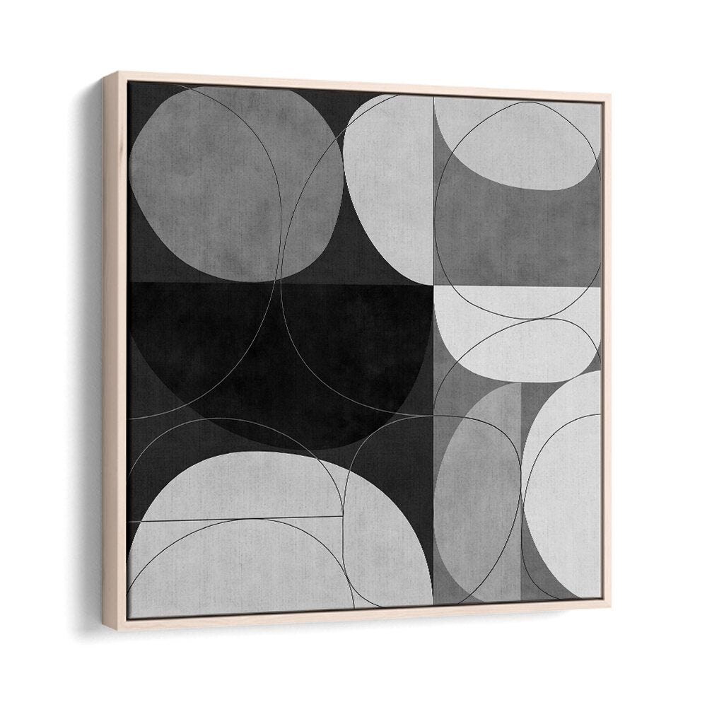 Modern SHAPES BW III, ABSTRACT PAINTINGS by Ana Rut Bre, framed in oak, showcasing captivating black and white design.