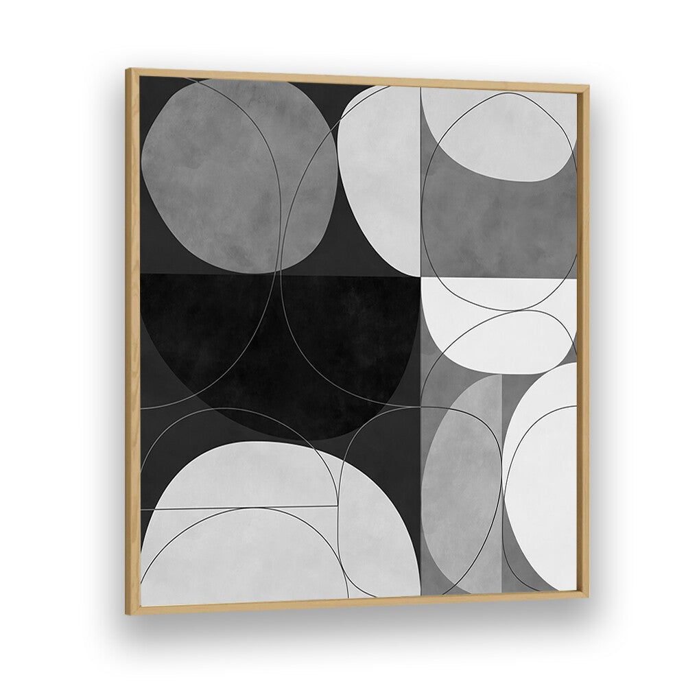Elegant black and white abstract design, SHAPES BW III, ABSTRACT PAINTINGS by Ana Rut Bre in oak frame.