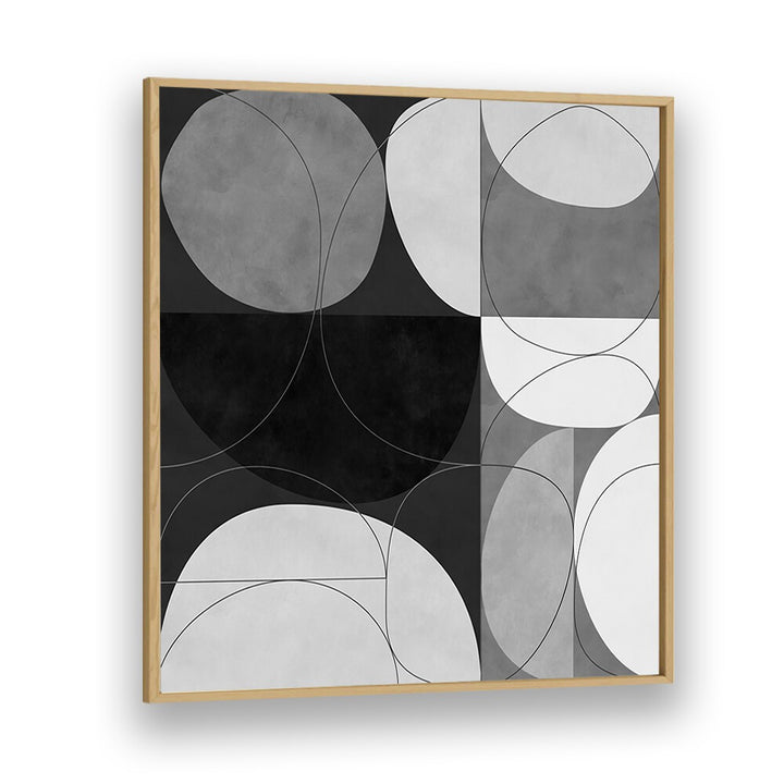 Elegant black and white abstract design, SHAPES BW III, ABSTRACT PAINTINGS by Ana Rut Bre in oak frame.