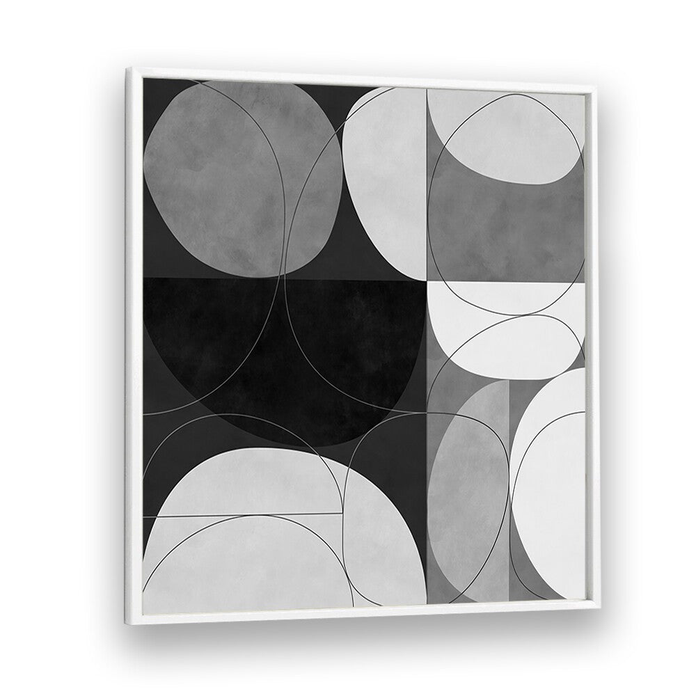 SHAPES BW III, ABSTRACT PAINTINGS by Ana Rut Bre features captivating black and white geometric art in a sleek frame.