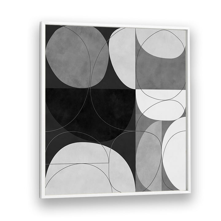 SHAPES BW III, ABSTRACT PAINTINGS by Ana Rut Bre features captivating black and white geometric art in a sleek frame.