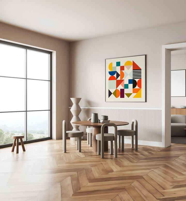 Modern interior featuring SHAPES MINIMAL, ABSTRACT PAINTINGS by Ana Rut Bre, blending elegance with artistic flair.