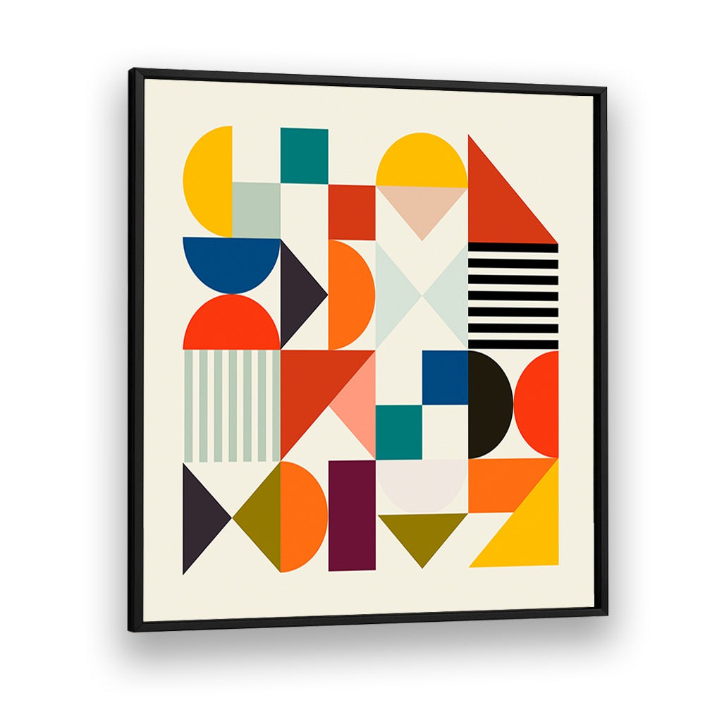 Colorful geometric design of SHAPES MINIMAL, ABSTRACT PAINTINGS by Ana Rut Bre in a sleek black frame.