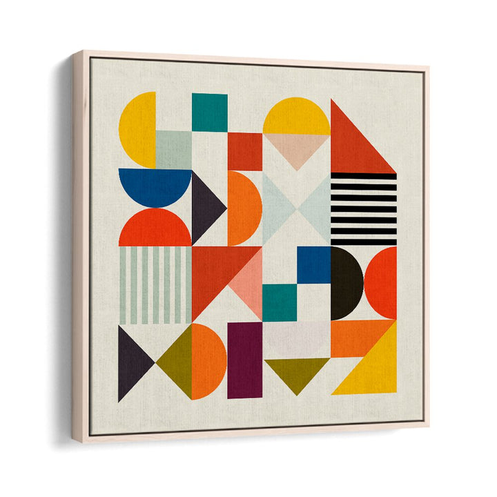 Colorful geometric designs in SHAPES MINIMAL, ABSTRACT PAINTINGS by Ana Rut Bre enhance modern decor.