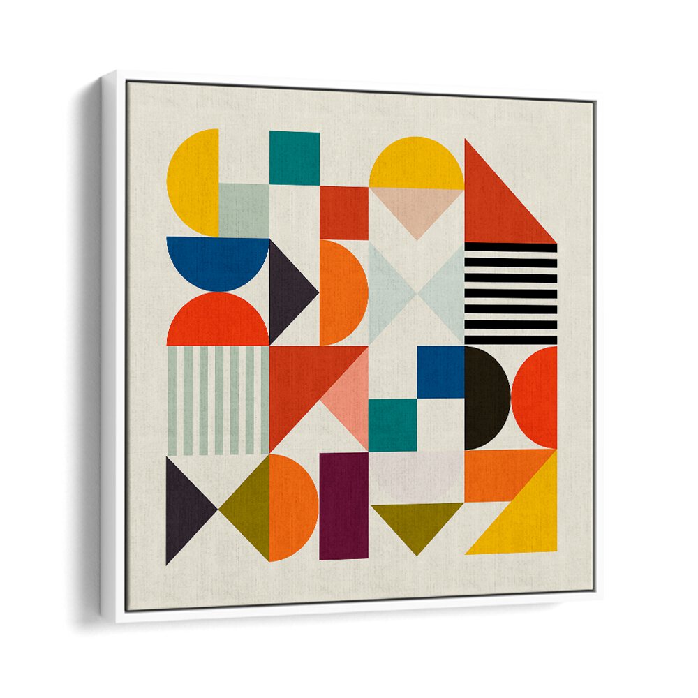 Colorful geometric designs in SHAPES MINIMAL, ABSTRACT PAINTINGS by Ana Rut Bre, framed for modern elegance.