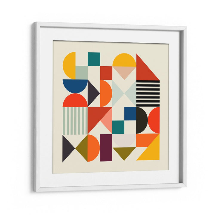 Colorful geometric design in a white frame, showcasing SHAPES MINIMAL, ABSTRACT PAINTINGS by Ana Rut Bre.