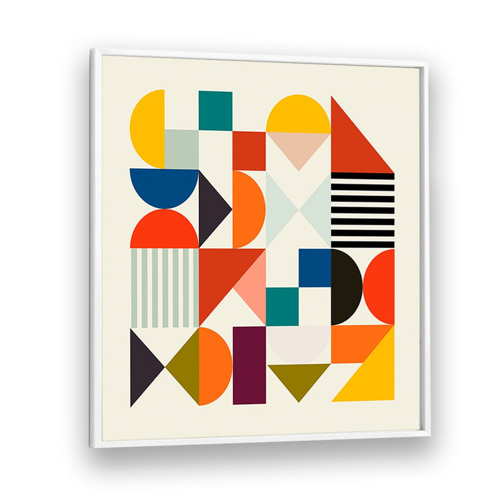 Colorful geometric design featuring SHAPES MINIMAL, ABSTRACT PAINTINGS by Ana Rut Bre in a sleek white frame.
