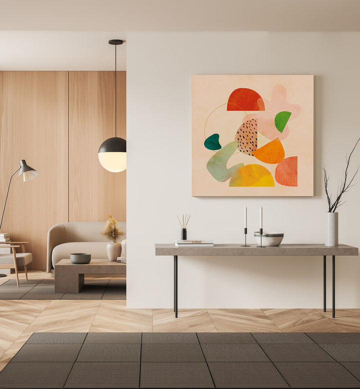 Colorful abstract artwork "SHAPES PLAY KOPIE I, ABSTRACT PAINTINGS" by Ana Rut Bre enhances modern interiors beautifully.