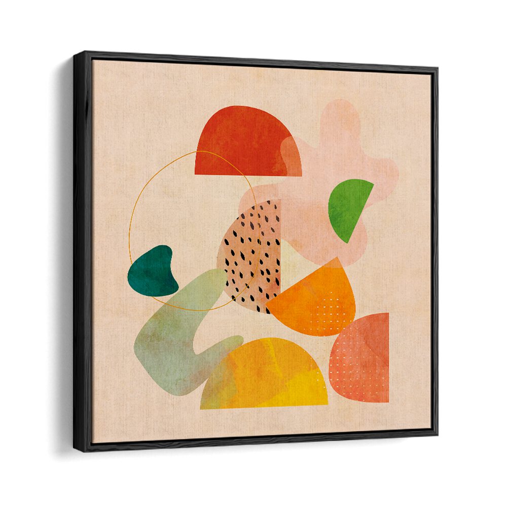 Colorful abstract composition featuring SHAPES PLAY KOPIE I, ABSTRACT PAINTINGS by Ana Rut Bre in a black floater frame.