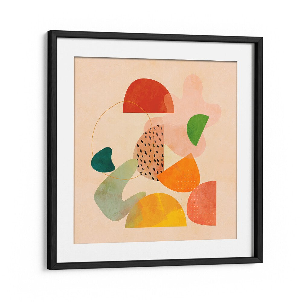 Colorful abstract shapes in a black frame showcase SHAPES PLAY KOPIE I, ABSTRACT PAINTINGS by Ana Rut Bre.