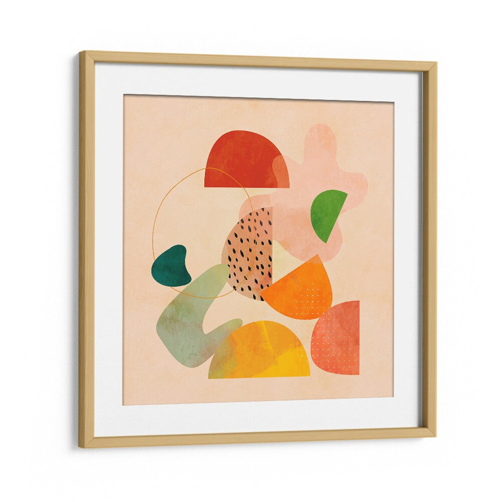 Colorful abstract design of SHAPES PLAY KOPIE I, ABSTRACT PAINTINGS by Ana Rut Bre, framed in oak wood.
