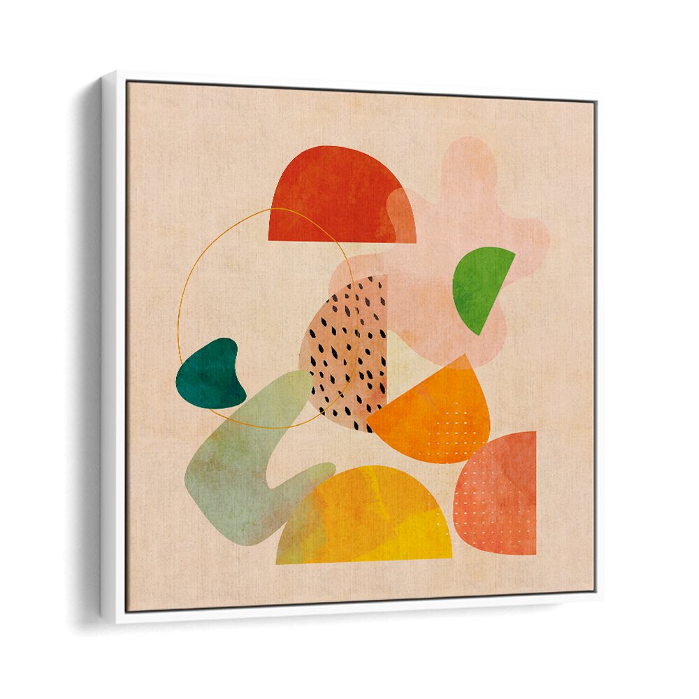 Colorful abstract composition featuring SHAPES PLAY KOPIE I, ABSTRACT PAINTINGS by Ana Rut Bre in a white floater frame.