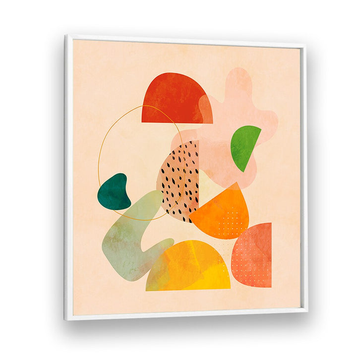 Colorful abstract composition featuring SHAPES PLAY KOPIE I, ABSTRACT PAINTINGS by Ana Rut Bre, framed elegantly.