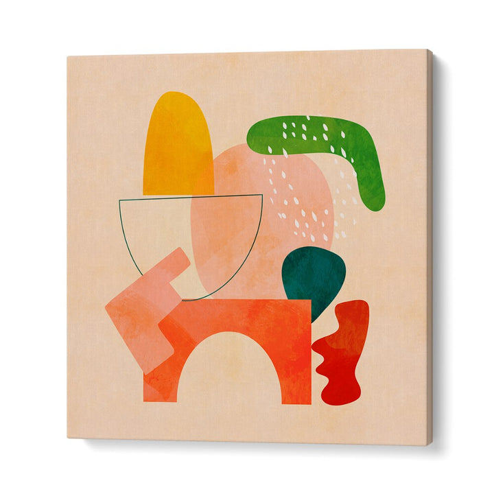 Colorful abstract shapes in SHAPES PLAY KOPIE II, ABSTRACT PAINTINGS by Ana Rut Bre enhance modern living spaces.