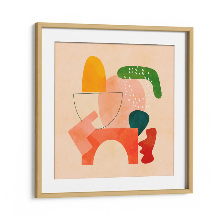 Colorful abstract composition featuring SHAPES PLAY KOPIE II, ABSTRACT PAINTINGS by Ana Rut Bre in an oak frame.