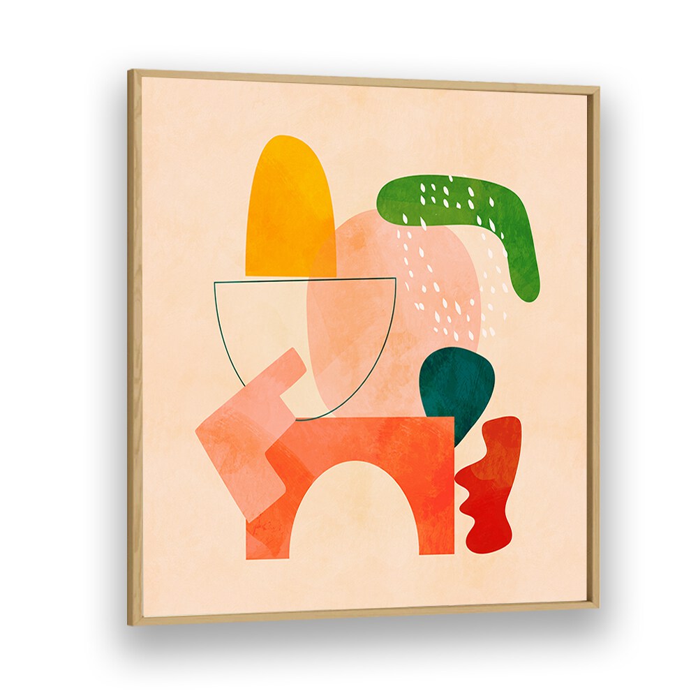 Colorful abstract composition featuring SHAPES PLAY KOPIE II, ABSTRACT PAINTINGS by Ana Rut Bre in a sleek oak frame.