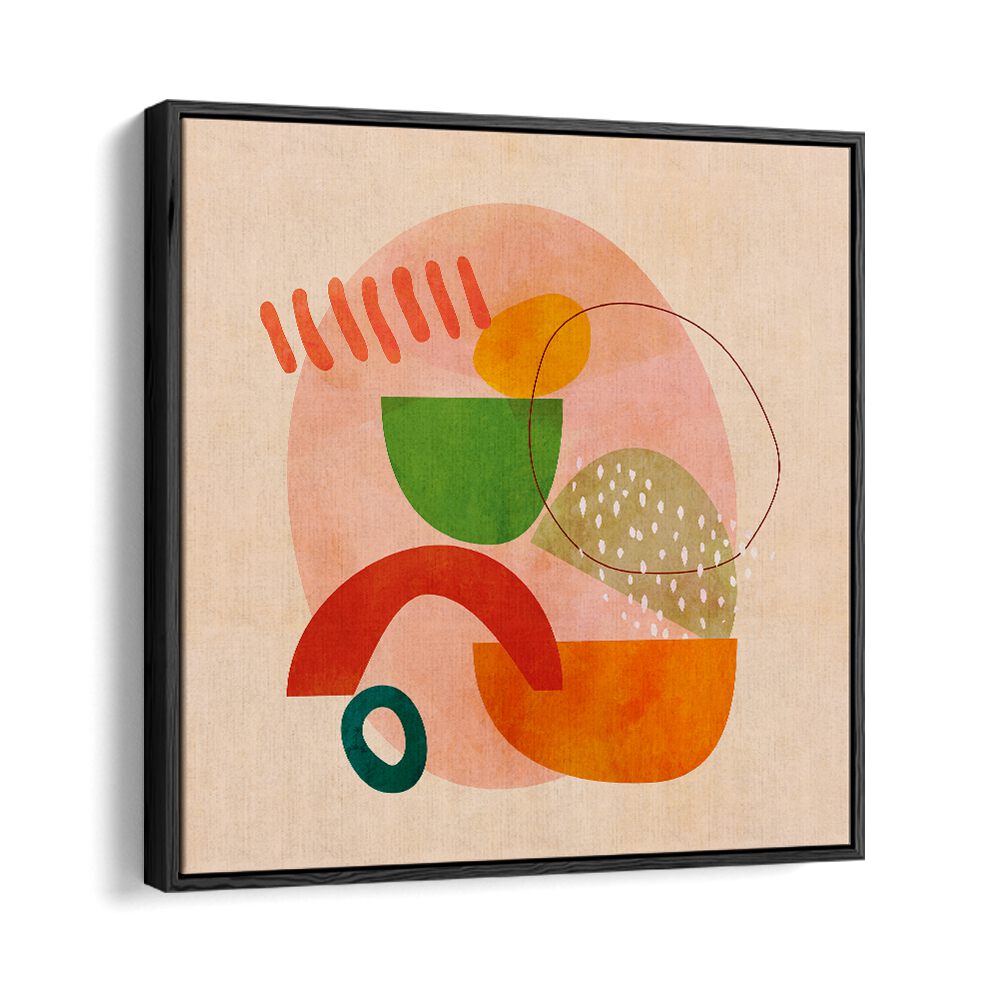 Colorful abstract composition of SHAPES PLAY KOPIE III, ABSTRACT PAINTINGS by Ana Rut Bre, framed for elegant display.
