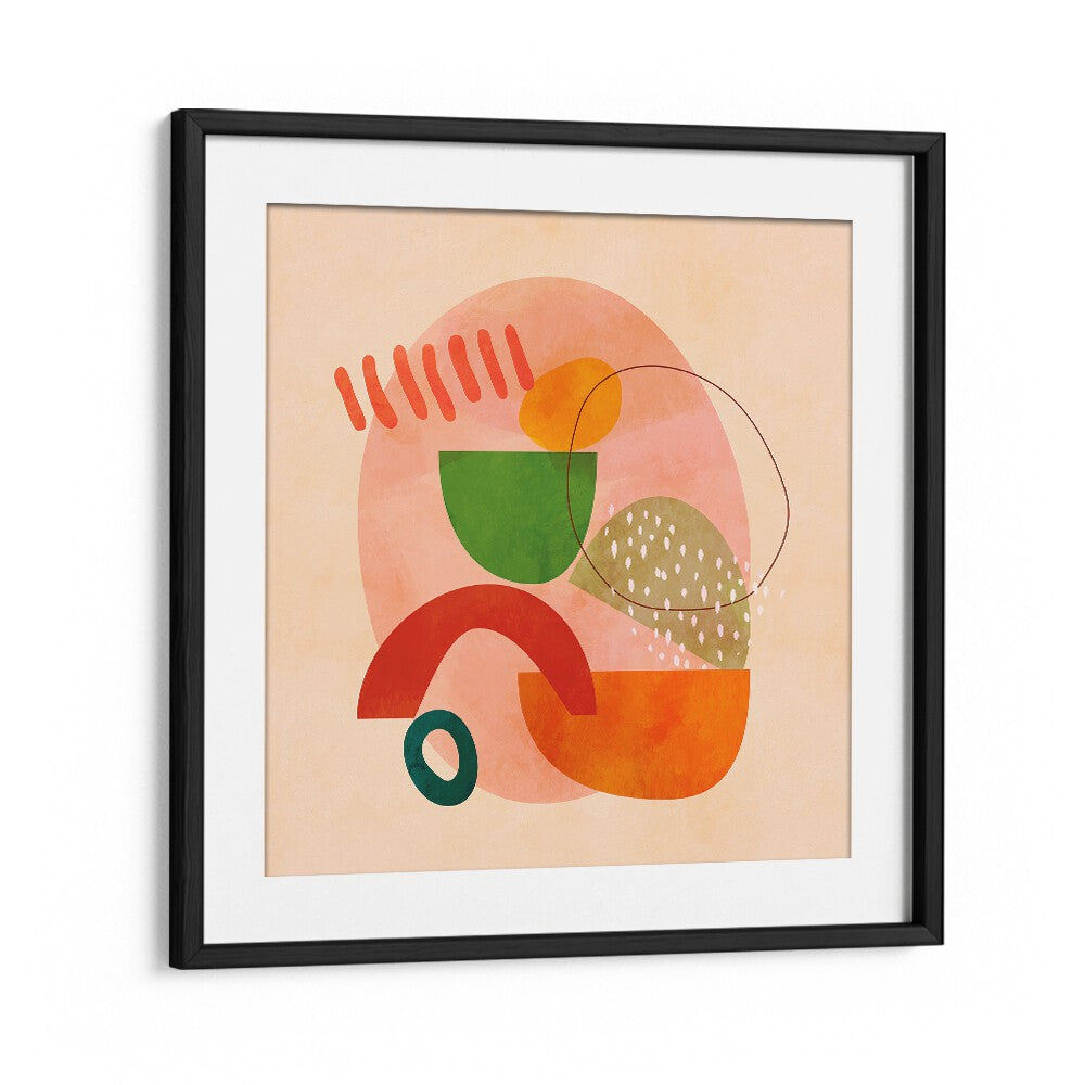 Colorful abstract design featuring SHAPES PLAY KOPIE III, ABSTRACT PAINTINGS by Ana Rut Bre in a sleek black frame.