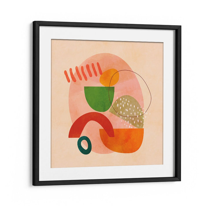 Colorful abstract design featuring SHAPES PLAY KOPIE III, ABSTRACT PAINTINGS by Ana Rut Bre in a sleek black frame.