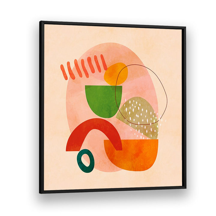 Colorful abstract composition in SHAPES PLAY KOPIE III, ABSTRACT PAINTINGS by Ana Rut Bre, framed for modern spaces.