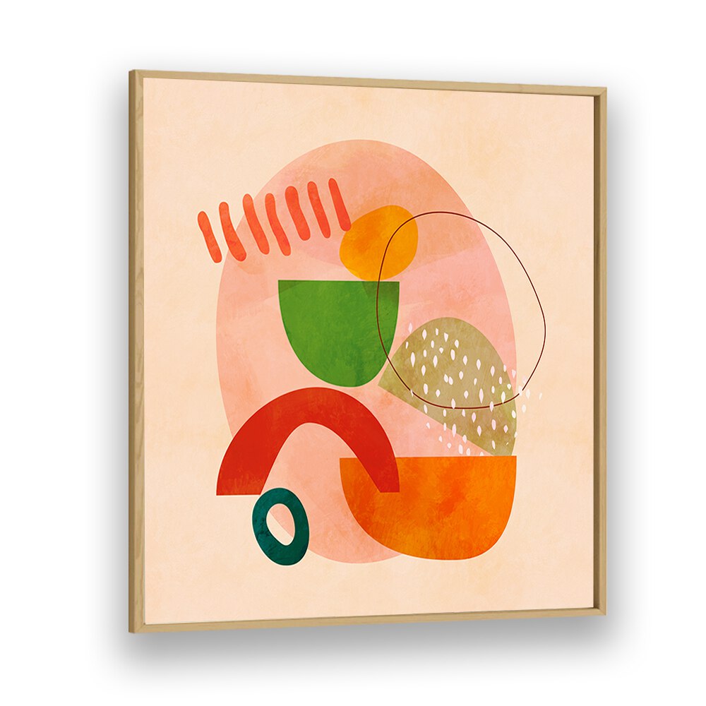 Abstract art piece SHAPES PLAY KOPIE III by Ana Rut Bre, framed in oak, showcasing vibrant colors and modern design.