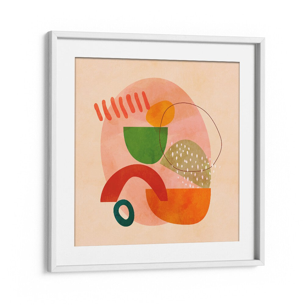 Colorful abstract painting "SHAPES PLAY KOPIE III, ABSTRACT PAINTINGS" by Ana Rut Bre in a white frame.