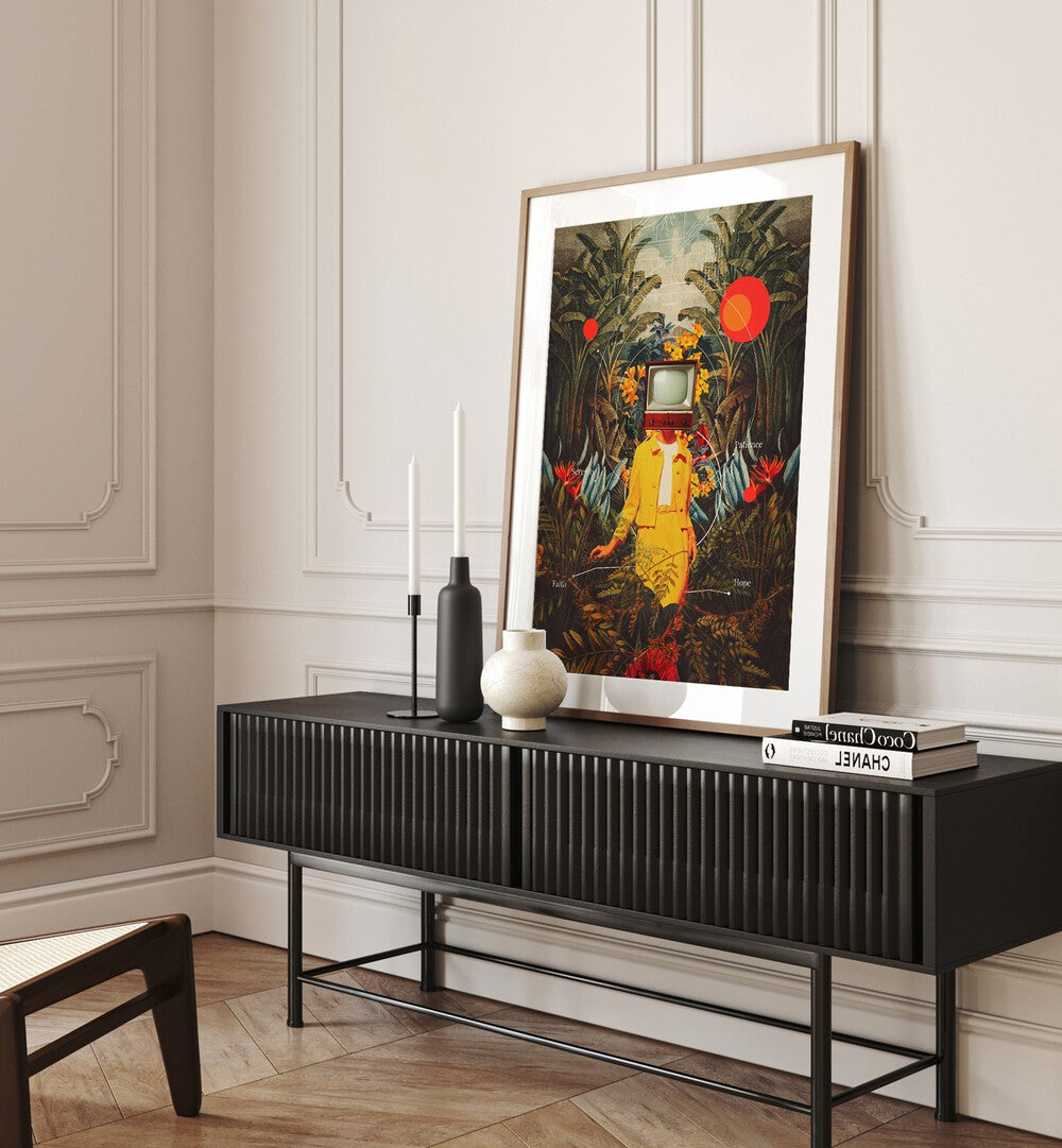 Stylish interior featuring "She Came From The Wilderness, Surreal Art Prints" by Frank Moth, blending vibrant colors.