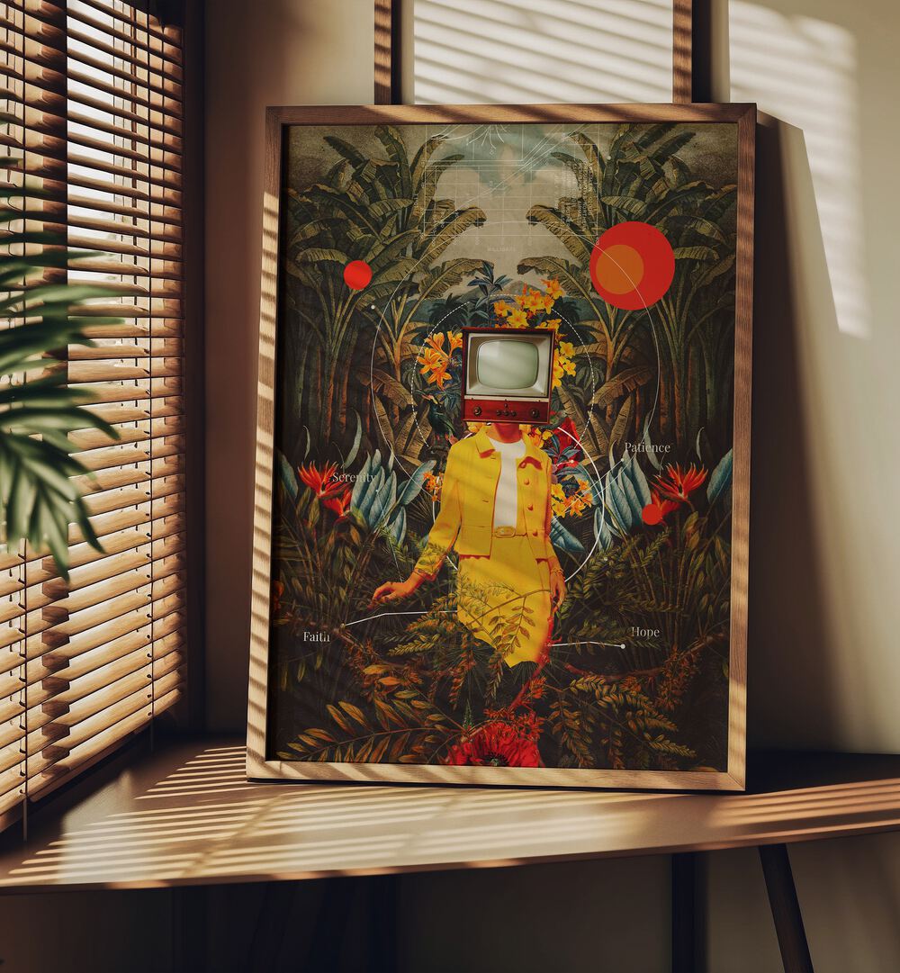 Surreal art print "She Came From The Wilderness" by Frank Moth, blending vibrant colors and dreamlike elements.