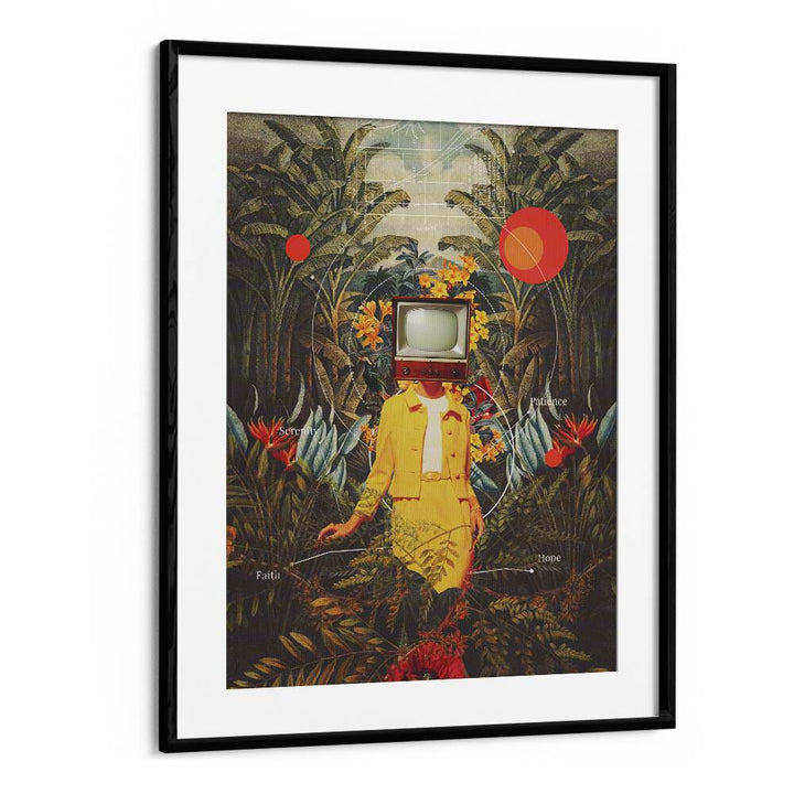 Surreal art print "She Came From The Wilderness" by Frank Moth, vibrant colors in a black frame, perfect for any space.