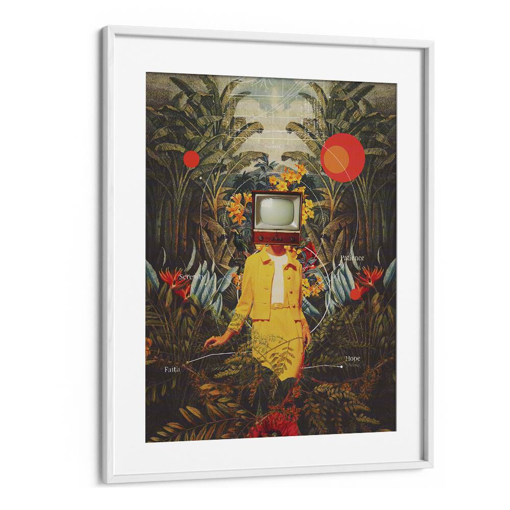 Surreal art print "She Came From The Wilderness" by Frank Moth in a white frame, showcasing vibrant dreamlike imagery.