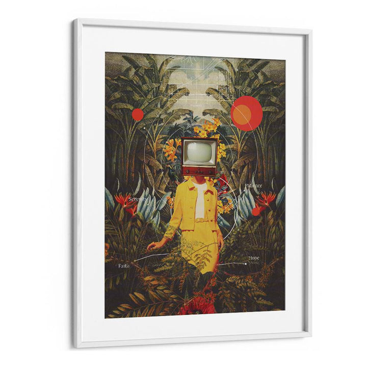 Surreal art print "She Came From The Wilderness" by Frank Moth in a white frame, showcasing vibrant dreamlike imagery.