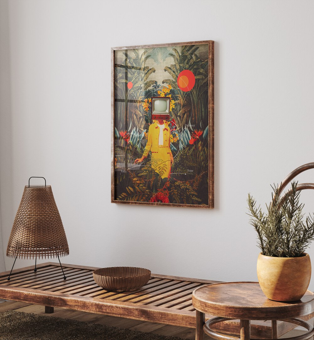 Surreal art print "She Came From The Wilderness" by Frank Moth, featuring vibrant colors and dreamlike imagery.