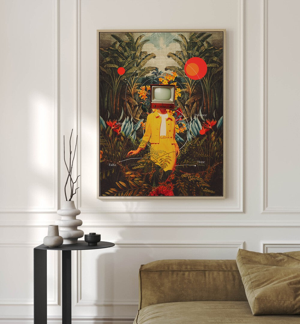 Colorful surreal art print "She Came From The Wilderness," blending nature and imagination by Frank Moth. Perfect for decor.