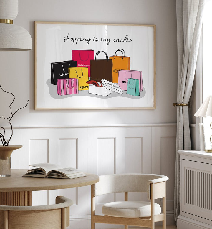 Stylish artwork featuring shopping bags, perfect for fashion lovers, showcasing SHOPPING CARDIO, FASHION POSTERS.