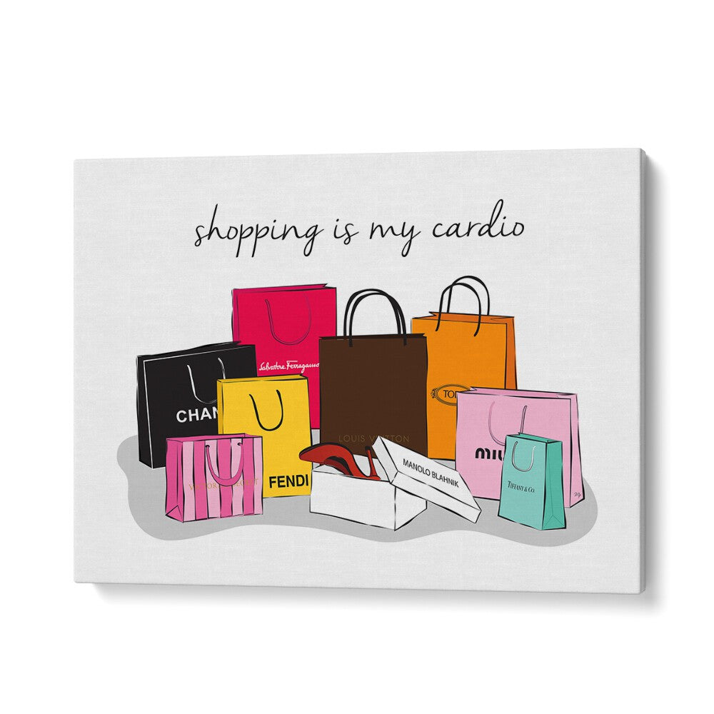 Colorful Shopping Cardio fashion posters featuring stylish bags, perfect for elevating your space with art.