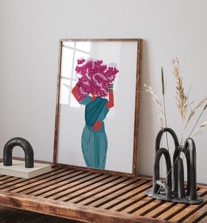 Colorful framed print of a woman with flowers, perfect for an INDIAN THEME GALLERY WALL, enhancing your gallery walls.
