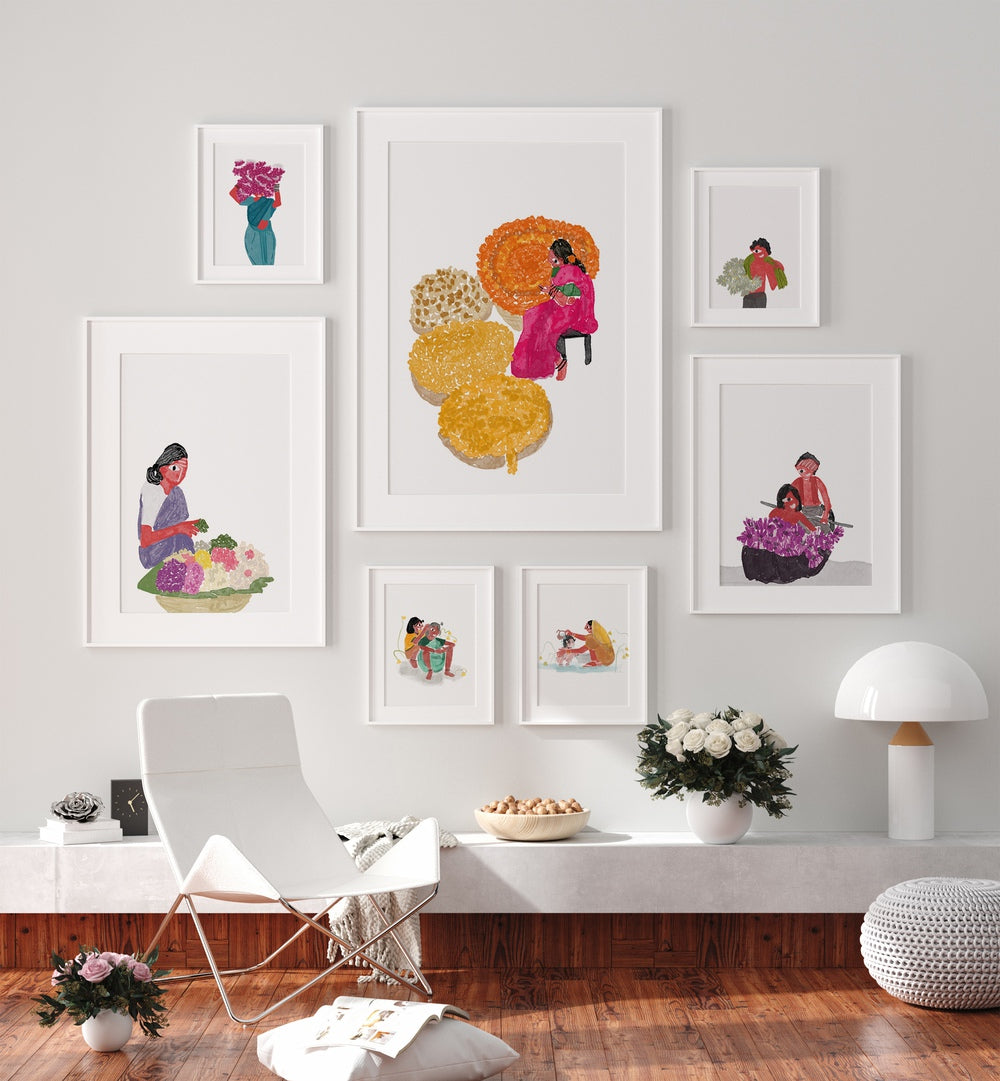 Colorful INDIAN THEME GALLERY WALL showcasing vibrant art prints, perfect for stylish GALLERY WALLS in any home.