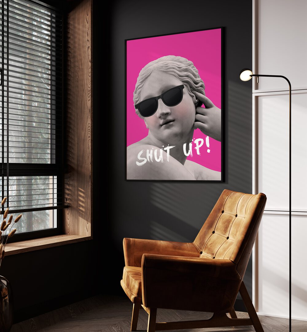 Stylish altered art print "SHUT UP II" by Grace Digital Art Co, featuring a statue with sunglasses and vibrant background.