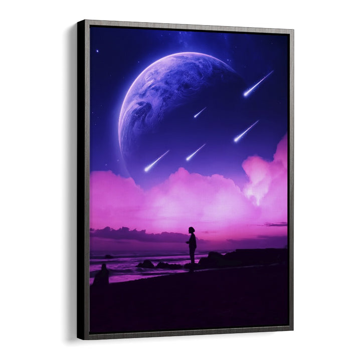 Vibrant surreal art print "SILHOUETTE DREAMS," by Ritvik Takkar, showcases imaginative cosmic landscapes.
