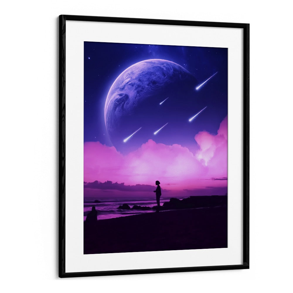 Stunning SILHOUETTE DREAMS, SURREAL ART PRINTS by Ritvik Takkar, featuring a cosmic scene in elegant black frame.