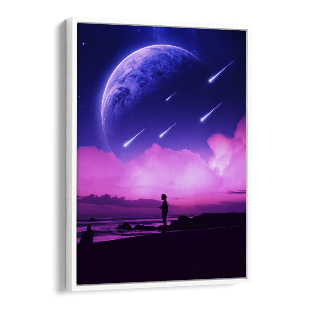 Surreal landscape featuring a figure under a cosmic sky, showcasing SILHOUETTE DREAMS, SURREAL ART PRINTS by Ritvik Takkar.
