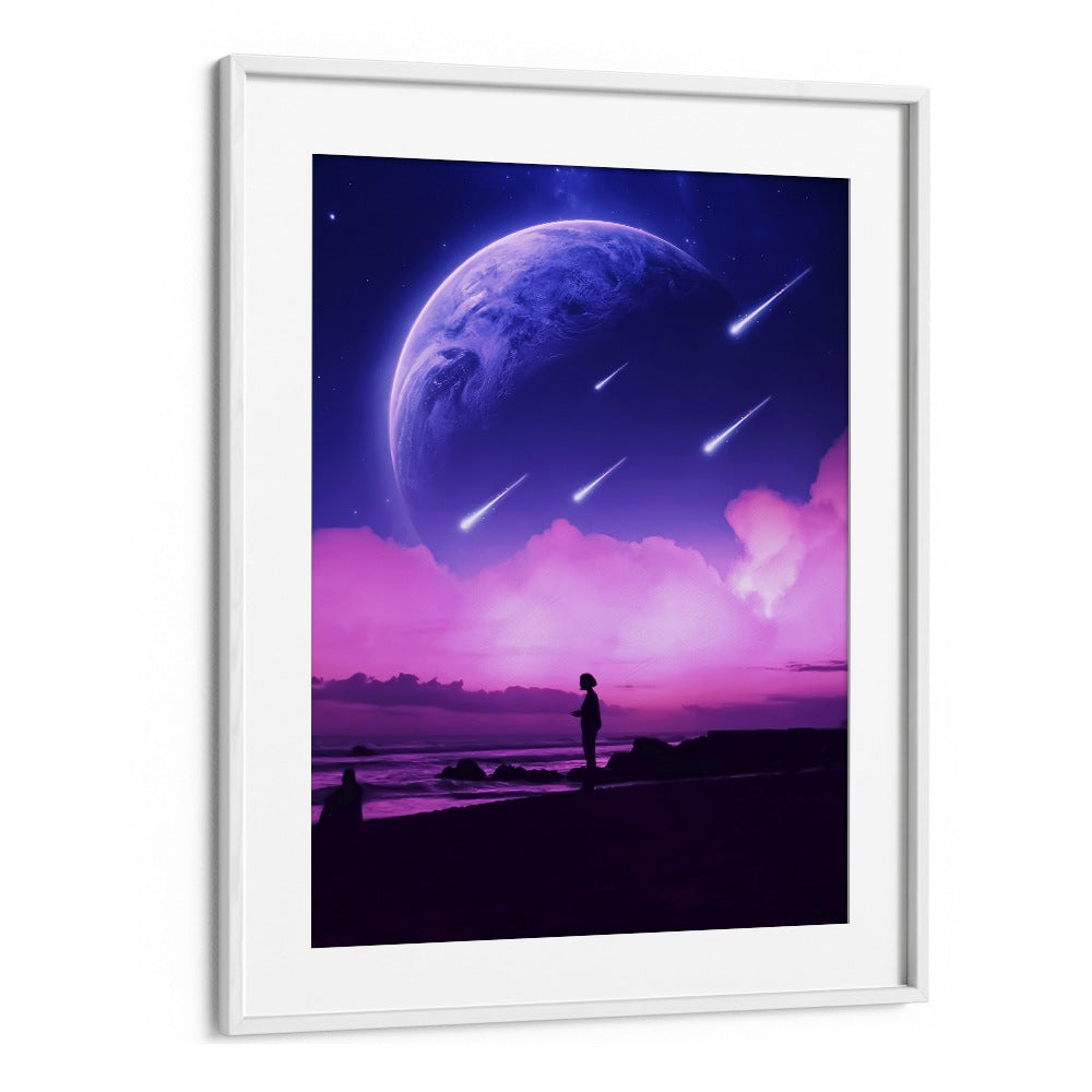 Surreal art print "SILHOUETTE DREAMS" by Ritvik Takkar, featuring a cosmic scene with a silhouette by the sea.