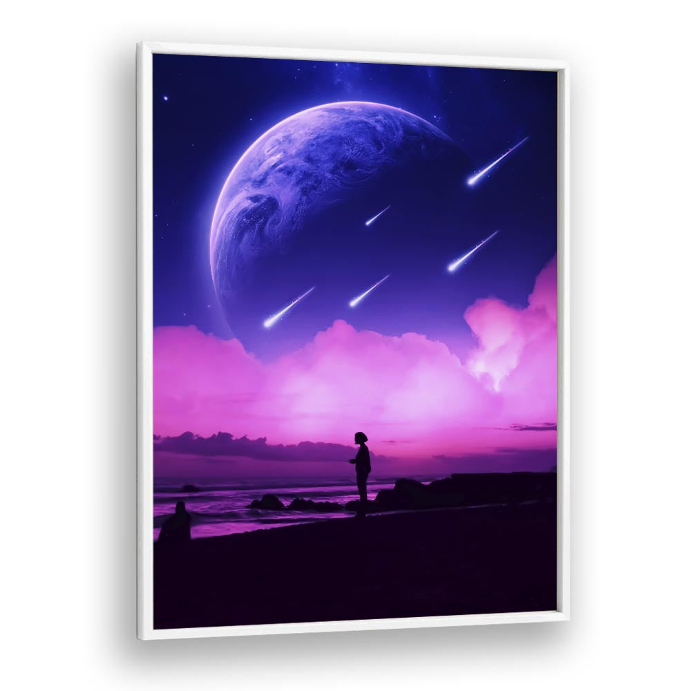 Surreal art print "SILHOUETTE DREAMS" by Ritvik Takkar, featuring a dreamy cosmic landscape and silhouette.