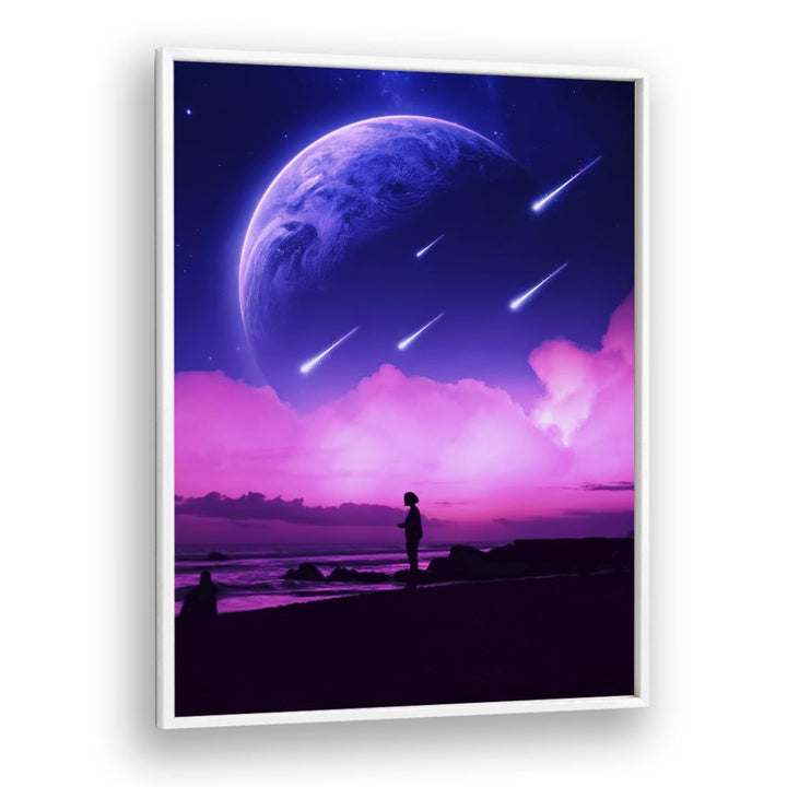 Surreal art print "SILHOUETTE DREAMS" by Ritvik Takkar, featuring a dreamy cosmic landscape and silhouette.