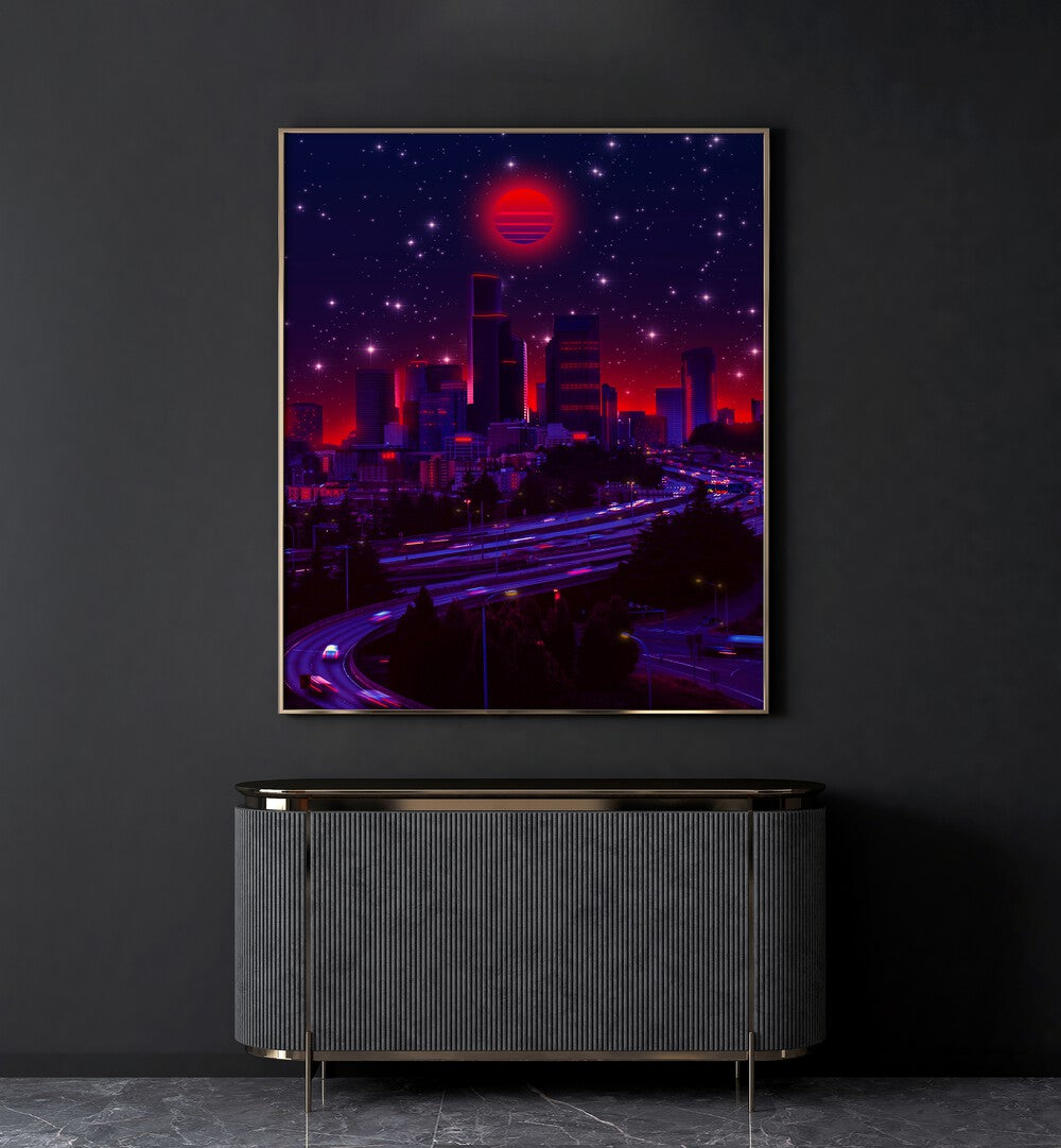 Stunning "SINCITY, SURREAL ART PRINTS" by Ritvik Takkar, showcasing vibrant cityscapes under a cosmic sky.
