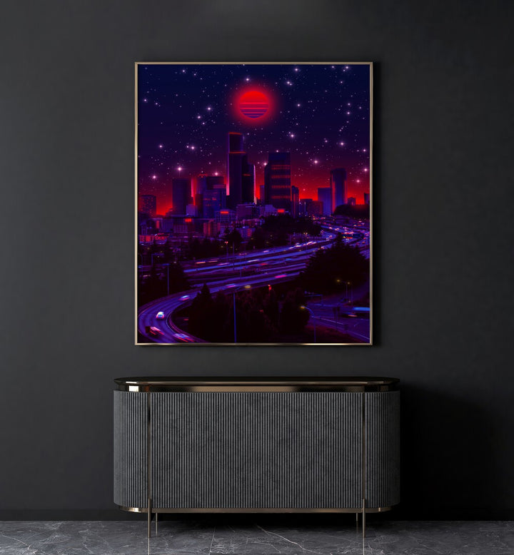Stunning "SINCITY, SURREAL ART PRINTS" by Ritvik Takkar, showcasing vibrant cityscapes under a cosmic sky.