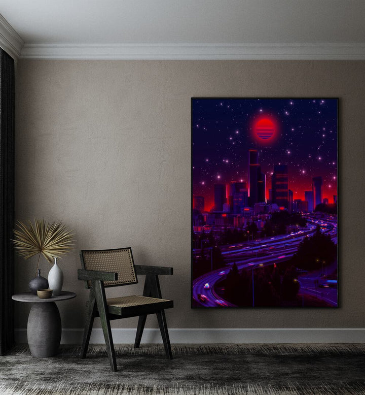 Stunning "Sincity, Surreal Art Prints" by Ritvik Takkar, showcasing a vibrant urban landscape under a starry sky.