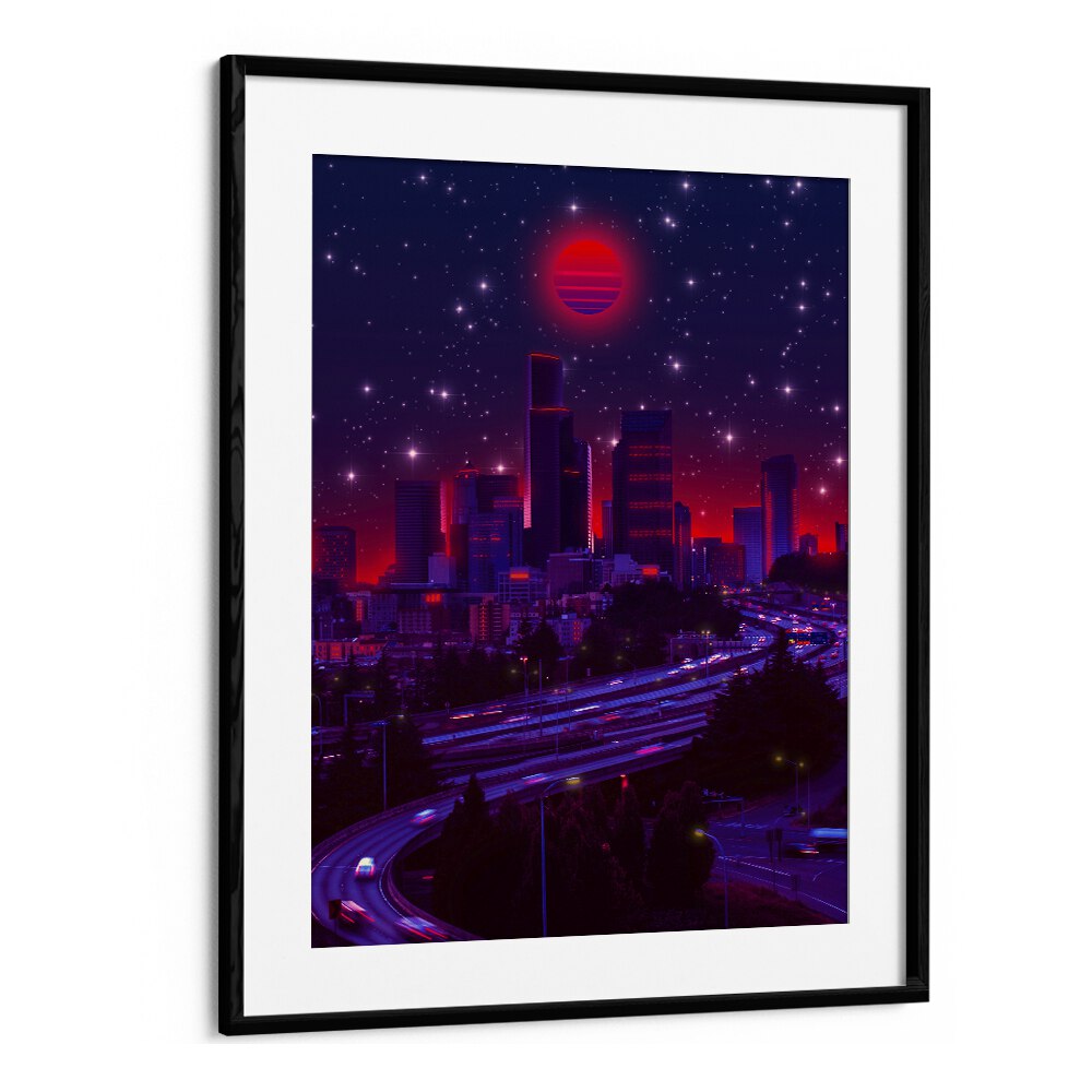 "SINCITY, SURREAL ART PRINTS" showcases a vibrant surreal cityscape by Ritvik Takkar, framed elegantly for your space.