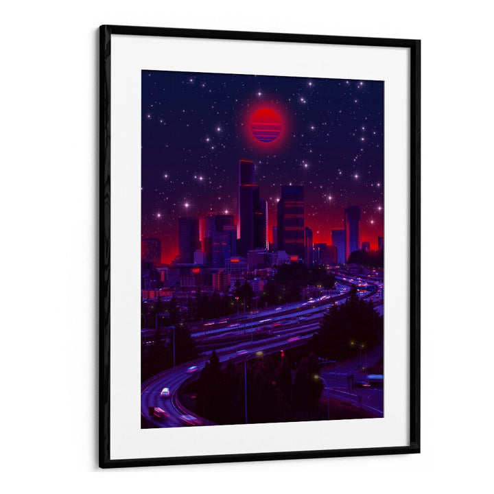 "SINCITY, SURREAL ART PRINTS" showcases a vibrant surreal cityscape by Ritvik Takkar, framed elegantly for your space.